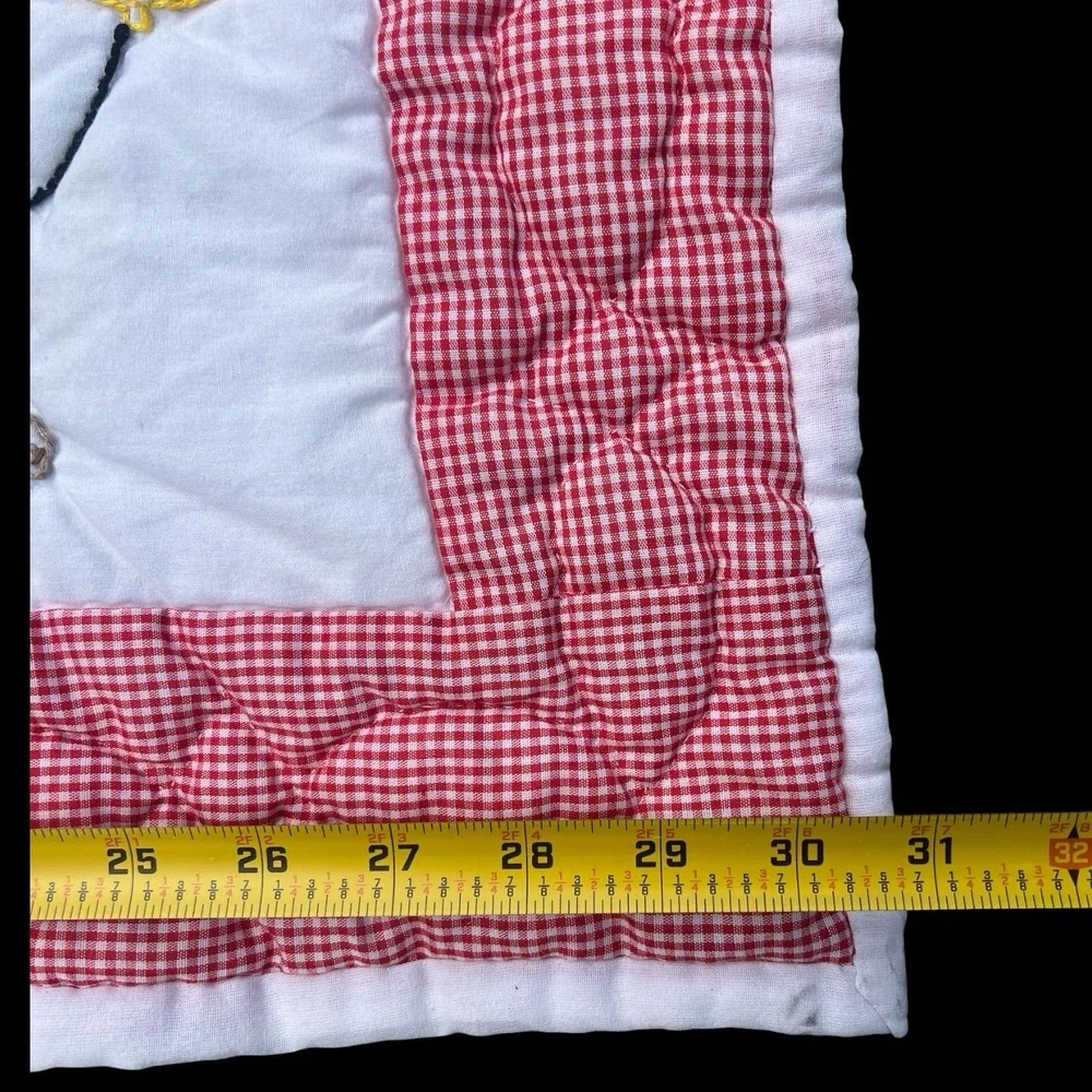VTG 1970s Handmade Cross Stitch Teddy Bear Red Gingham Baby Crib Quilt 31x39